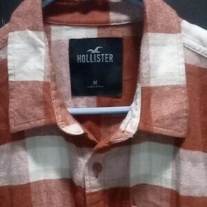 Hollister Men's Orange and White Plaid Shirt